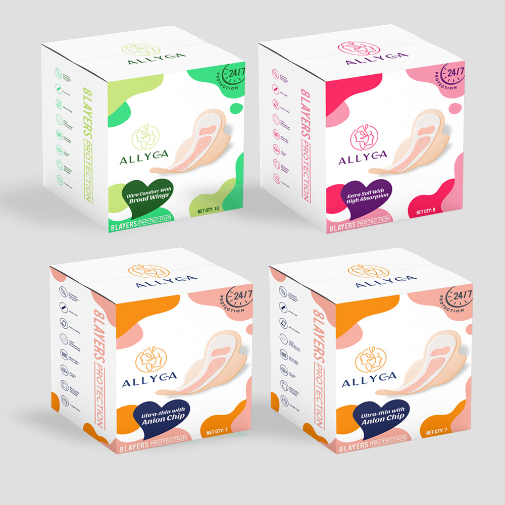 Combo Pack of Allyca Sanitary Pads - 1 Large Size + 1 XL Size + 2 XL+ Size  Pad Boxes
