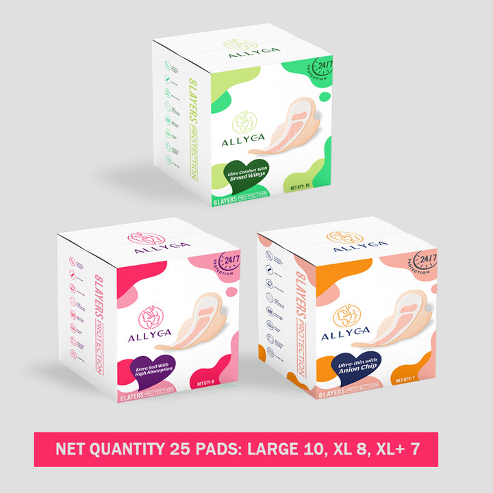 Combo Pack of Allyca Sanitary Pads - 1 Large Size + 1 XL Size + 1 XL+ Size  Pad Boxes